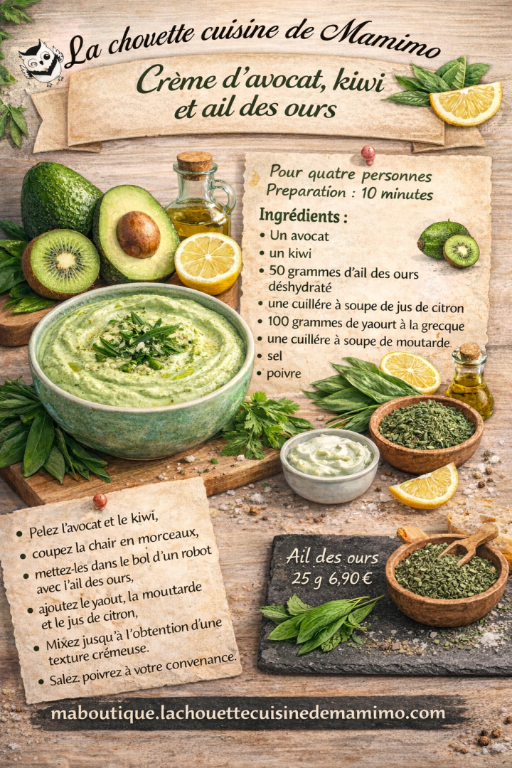 crème d'avocat kiwi ail des ours